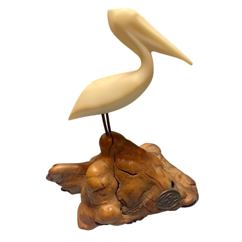John Perry Ivory Pelican Sculpture On Burlwood Base Coastal Decor Nautical Accen